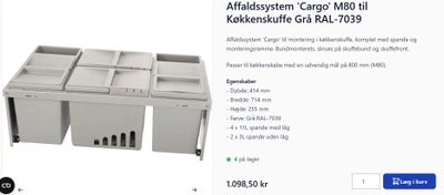 Affaldssystem til køkkenskuffe 80cm, Cargo, Affaldssystem 'Cargo' til montering i køkkenskuffe, komp