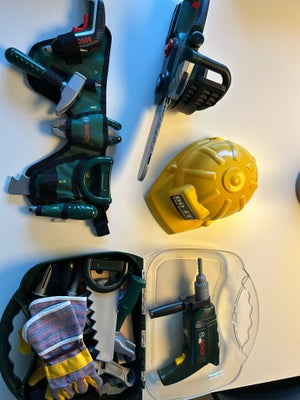 Værktøj, Plast, Bosch, Bosch værktøjskuffert med indhold, hjelm, værktøjsbælte med indhold og Bosch 