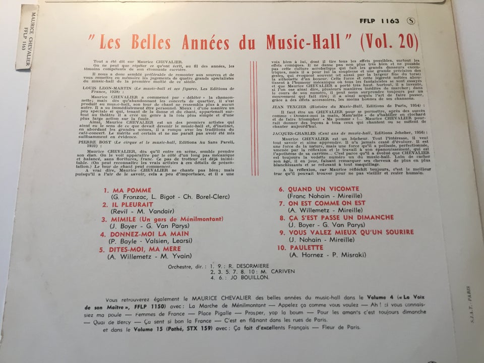 LP, Maurice Chevalier, Les Belle annees du Music-hall.