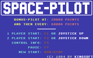 Space Pilot, Commodore 64 & C128, 


Kingsoft, 1984:


"Space Pilot"


Et rigtig godt arcade-shooter