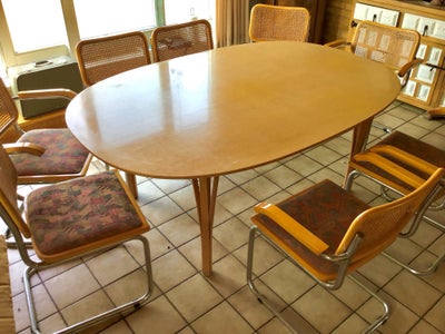 Spisebord + 8 stole, Retro, Retro spisestuen hel og pæn tilstand.
Ellipse formet bord L. 180 cm B. 1