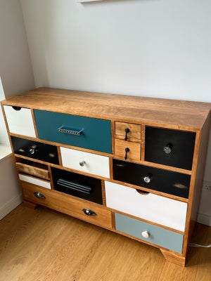 Kommode, andet materiale, b: 115 d: 35 h: 80, Chest of drawers / dresser with 14 colorful (teal, bla