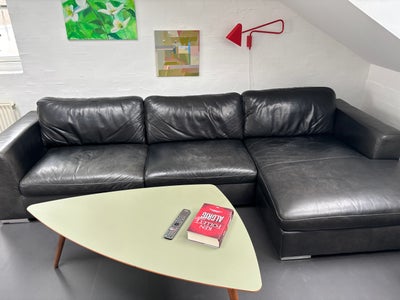 Sofa, læder, 3 pers. , Ilva, Stor sofa med chaiselong, sort anilinlæder, 3 m. lang, 95 cm. dyb, chai