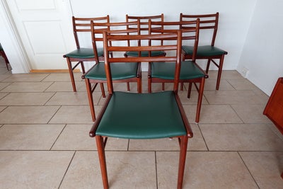 Spisebordsstol, 6 Teak stole - produceret i 1960èrne, nypolstrede i flaskegrøn italiensk læder og ko