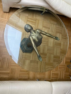 Glasbord, metal, b: 70 l: 70 h: 62, Bord i flot stand. Kvindeskulptur i metal som sokkel med en rund