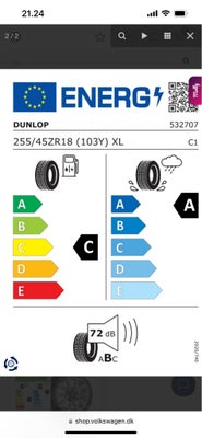 Alufælge, 18", VW, 255 / 45 / R18, sommerdæk, Continental, 2 dæk er fine. 2 dæk skal skiftes mønster
