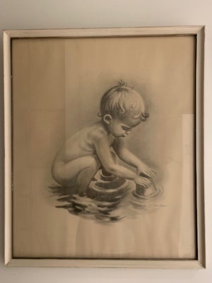 Litografi, Niels Hansen, motiv:  Legende barn ved vand, b: 48 h: 59, I original indramning