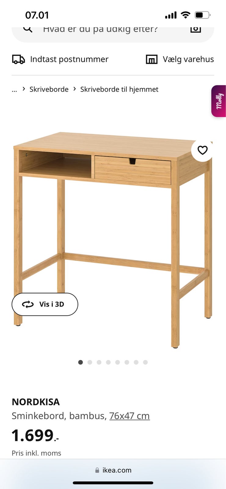 Skrivebord, NORDISKA IKEA, b: 76 d: 47 h: 77
