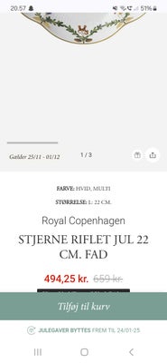 Porcelæn, Royal Copenhagen fad, Royal Copenhagen, Royal Copenhagen julefad. Stjerneriflet 22cm helt 