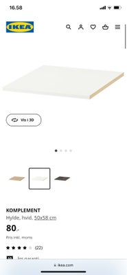 Klædeskab, Ikea komplement, b: 50 d: 58, Ikea komplement hylde sælges i hvid 
Størrelse 50x58 
Er ub