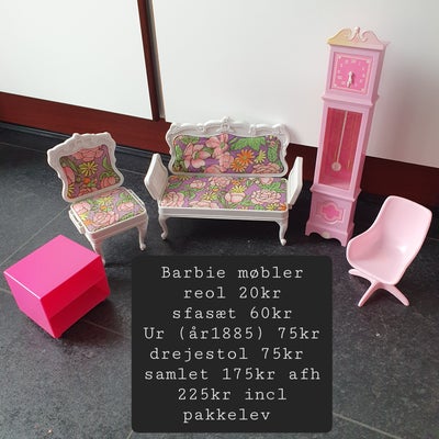 Barbie, Retro vintage  møbler, Barbie møbler
reol 20kr
sfasæt 60kr
Ur ( fra år 1985) 75kr
drejestol 