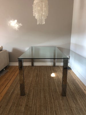 Spisebord, Glas og stål, Ukendt, b: 90 l: 180, Minimalistisk glasbord med usynlige fatninger. Ben i 
