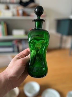 Glas, Klukflaske med låg, Holmegaard, Holmegaard, grøn klukflaske med låg 