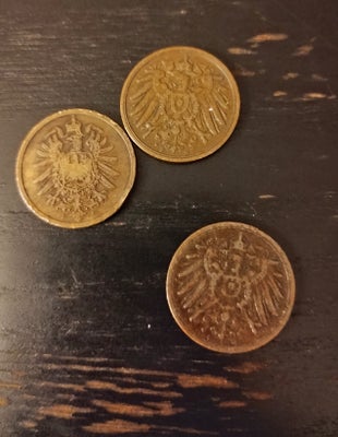 Vesteuropa, mønter, 1876, 3 stk mønter fra Tyskland
1876, 1905 og 1907
