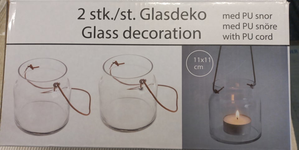 Glas, 2 stk Nye dekorationsglas m/PU snor til ophæng, Deco