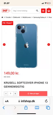 iPhone 13, 8 GB, Perfekt, Krusell SoftCover - Gennemsigtig skal af TPU

DET ER KUN ET COVER, INGEN T