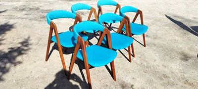 Spisebordsstol, Teal, 6 stk savbukstole i teak med petroleum farvet Betræk.
Meget velholdte
( Kai Kr