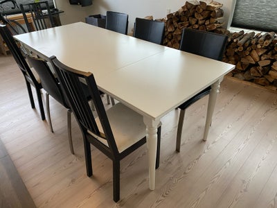 Spisebord m/stole, Træ, Ikea, b: 87 l: 155, Der medfølger tillægsplade på 60 cm. Læderstolene er meg