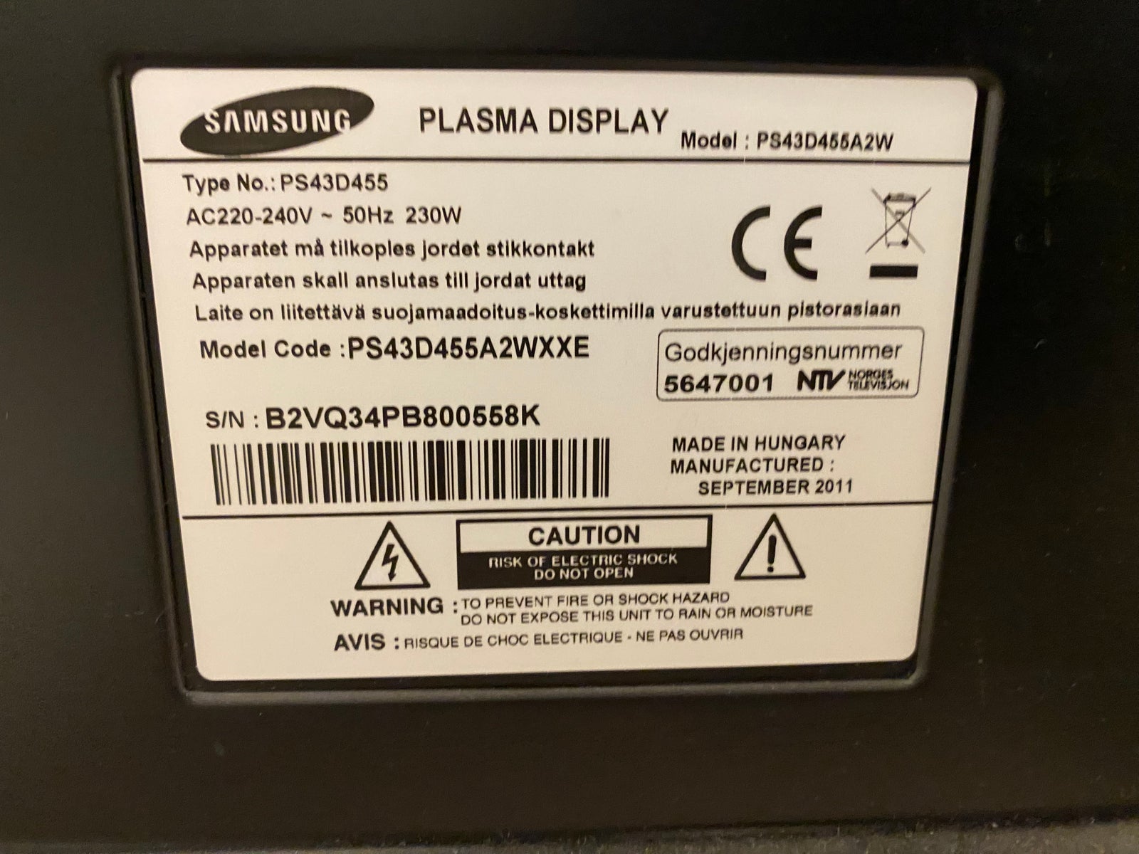 Plasma, Samsung, PS43D455A2WXXE