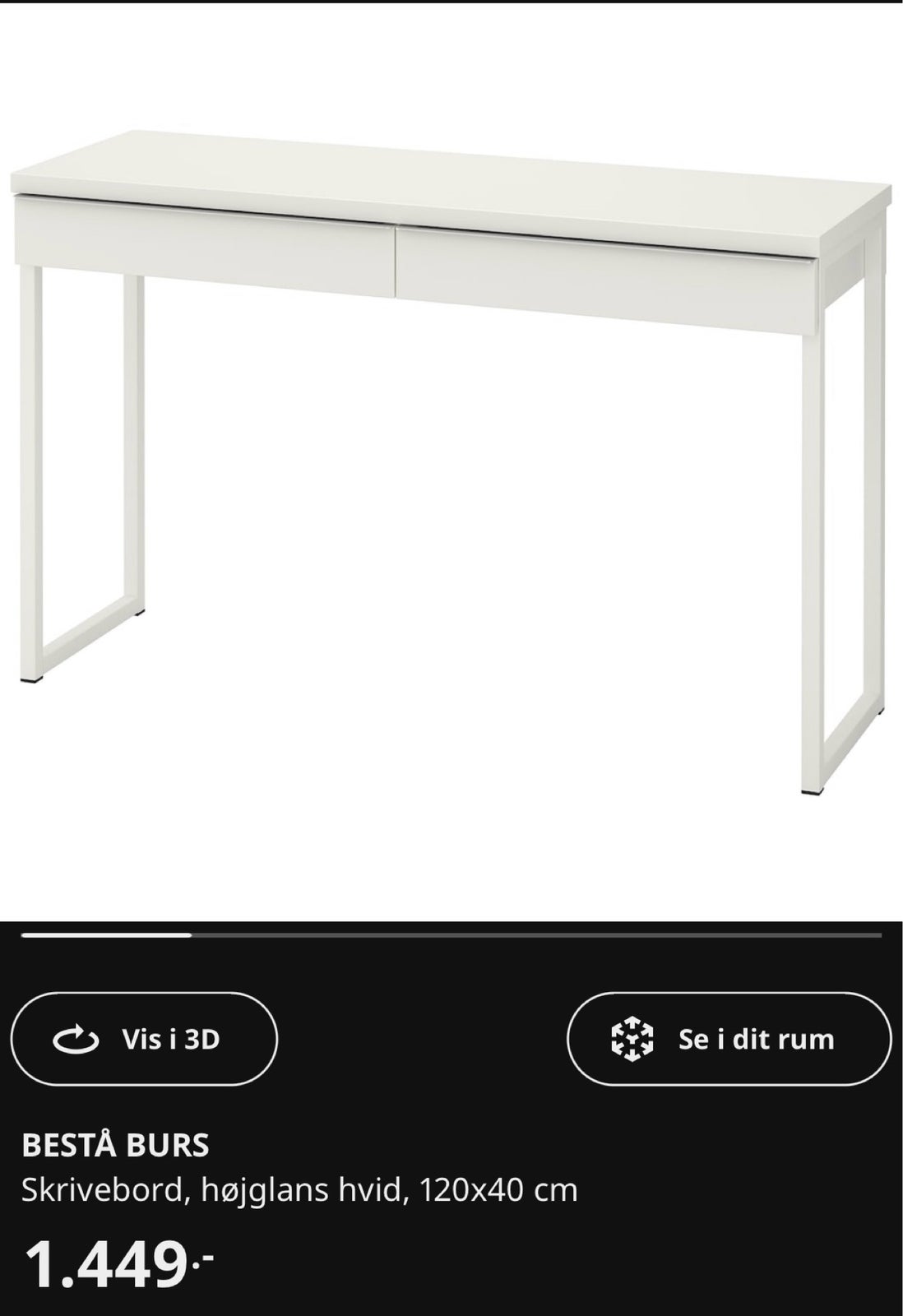 Skrivebord, Ikea bestå, b: 120 d: 40 h: 74