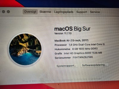 MacBook Air, 13 3 a1466 2017, I5 GHz, 8 GB ram, 128 GB harddisk

Osx Monterey k89
Kører som den skal