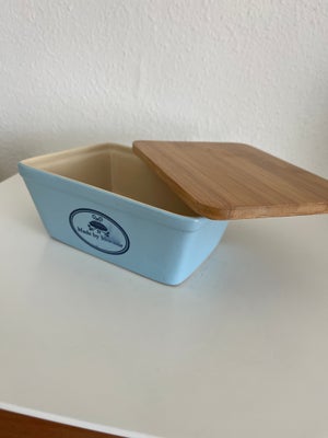Rigtig fin keramik boks med trælåg, Låget kan bruges som smørrebræt, 15x12 cm