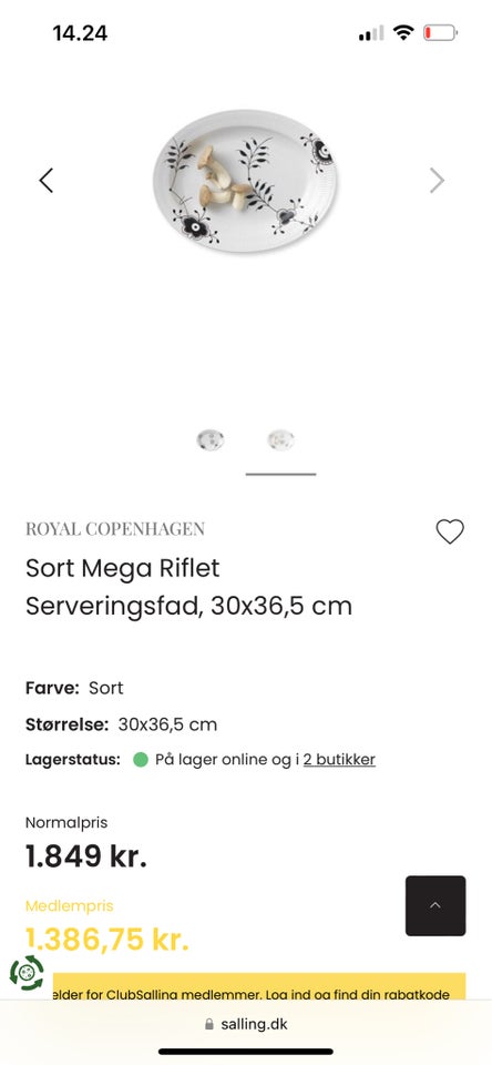 Porcelæn, Sort mega riflet 30*36,5cm, Royal Copenhagen