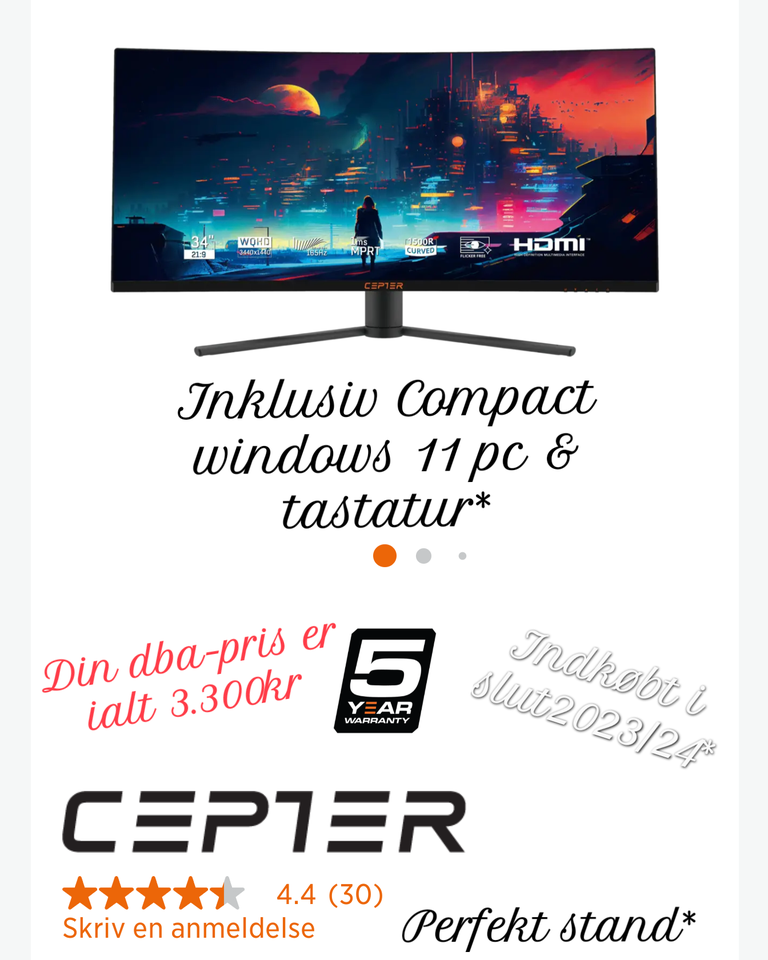 Curved ultra wide Cepter 34" & Compact pc, spillekonsol,