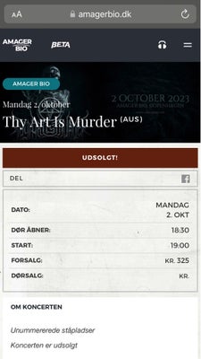 Thy Art Is Murder, Koncert, Amager Bio, d. 02.10.2023, 325 eller giv et bud