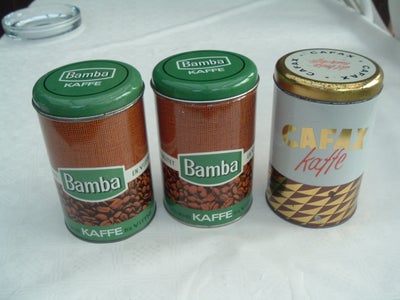 Dåser, Bamba kaffedåse. Cafax kaffedåse, 3 gamle kaffedåser fra hhv. Bamba og Cafax.
Prisen pr. stk.