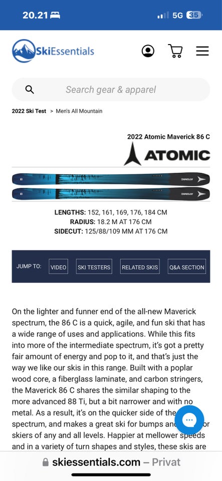 Telemarkski, Atomic, str. 184 cm Radius 19,5 m Waist 88,5 mm