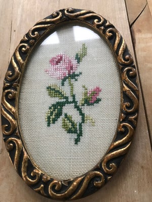 Broderi, Rose i guldramme, Fin 14 cm 