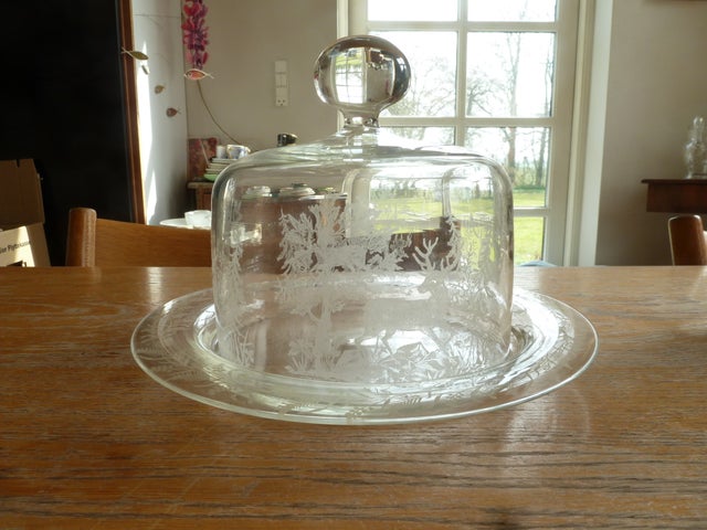 Glas, Antik osteklokke med fad ætset hjortemotiv, Kastrup -…