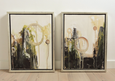 Akrylmaleri, motiv: Abstrakt, b: 32 h: 42, Prisen på 199 kr er for begge malerier tilsammen
men de k