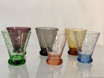 Glas, Drikkeglas snapsglas shotglas, 6x farvede franske krystalglas 