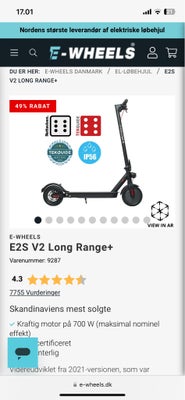El-løbehjul, E-Wheels E2S Long range+, Kun fra nov. MD. Kun EL løbehjul i original indpakning, med m