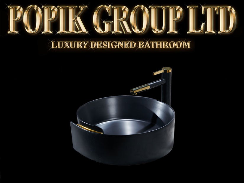Sort oval bordplade håndvask med guldlinje, POPIK GROUP LTD