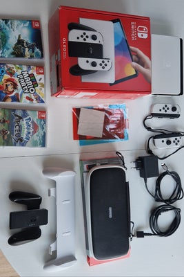 Nintendo Switch, OLED 64 GB, Perfekt, Medfølger:
Zelda - tears of the Kingdom
Super Mario Party
Poke