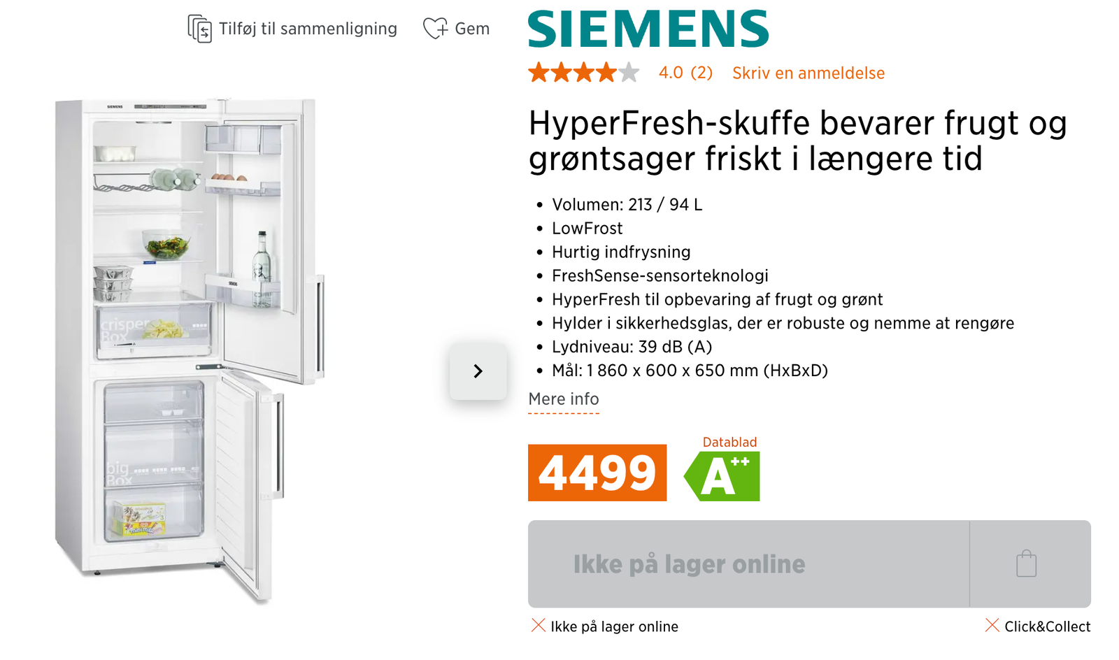 Køle/fryseskab, Siemens KG36VXW31, 309 liter