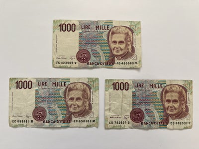 Vesteuropa, sedler, 1000 Lire, 1990, Prisen er for alle 3 stk Lire men de kan også købes stykvis

3 