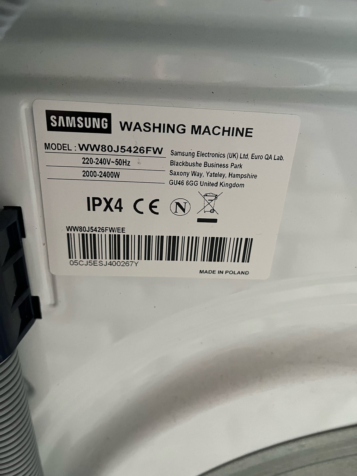 Samsung vaskemaskine, WW80J5426FW, frontbetjent