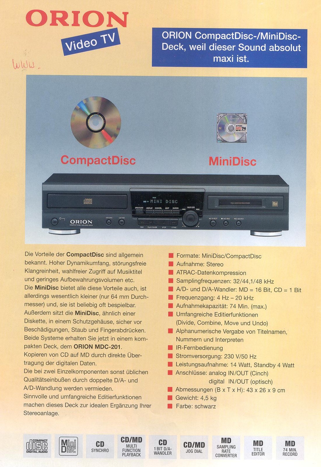 Minidisc afspiller, Hitachi, ORION MD2CD