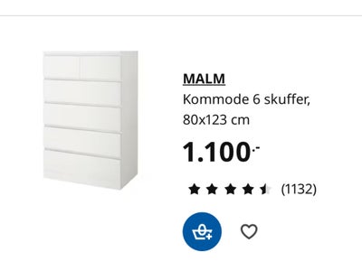 Kommode, finer, b: 80 d: 48 h: 123, Ikea Malm - ca. 3 år