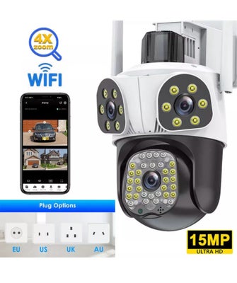 Netværkskamera, 3Lens HD 15MP WiFi IP Camera Wireless 360° Outdoor CCTV PTZ Home Security IR Cam

He