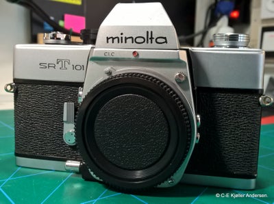 Minolta, SRT101, God, Klassisk analogt SLR. Afprøvet med batteri men ikke med film. 