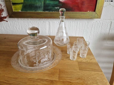 Glas, Osteklokke, karaffel , små glas, Kastrupglas hjorte serie, Hjorteglas fra Kastrup Glasværk 
Os