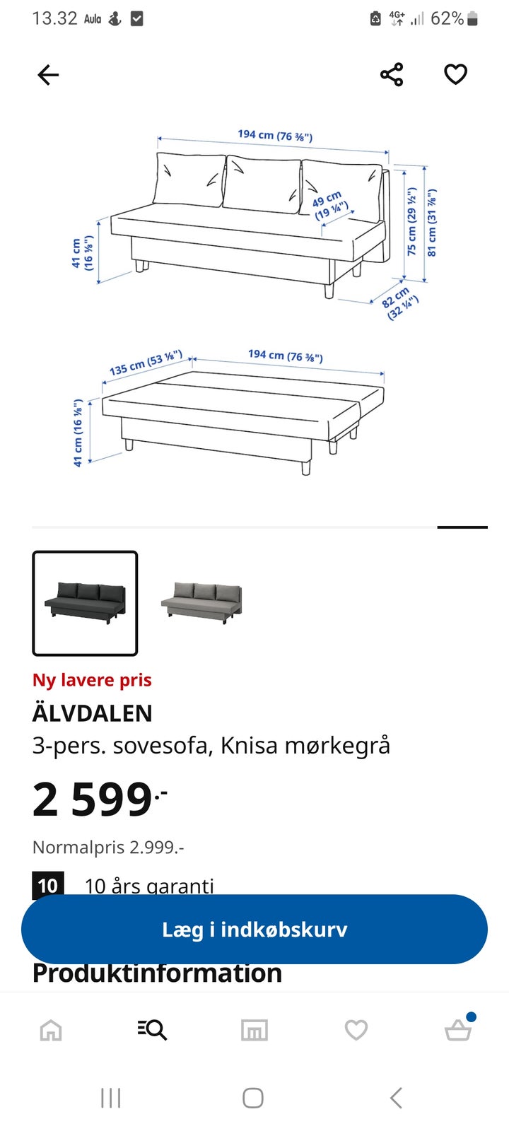 Sovesofa, Ikea, b: 135 l: 194 h: 81