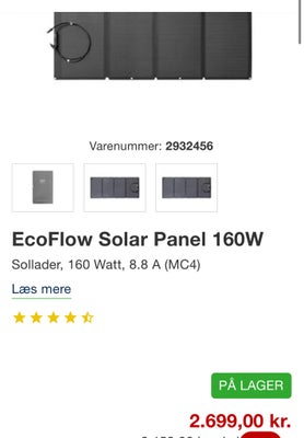 Solcelle, EcoFlow solcellepanel på 160W i bæretaske som også fungere som “holder”. Fejler intet. Har