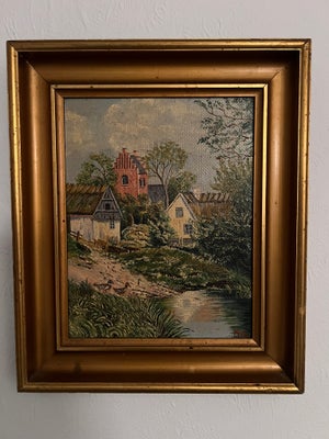 Oliemaleri, motiv: Landskab, b: 27 h: 32,5, Et virkelig skønt maleri af fra en lille dansk landsby. 