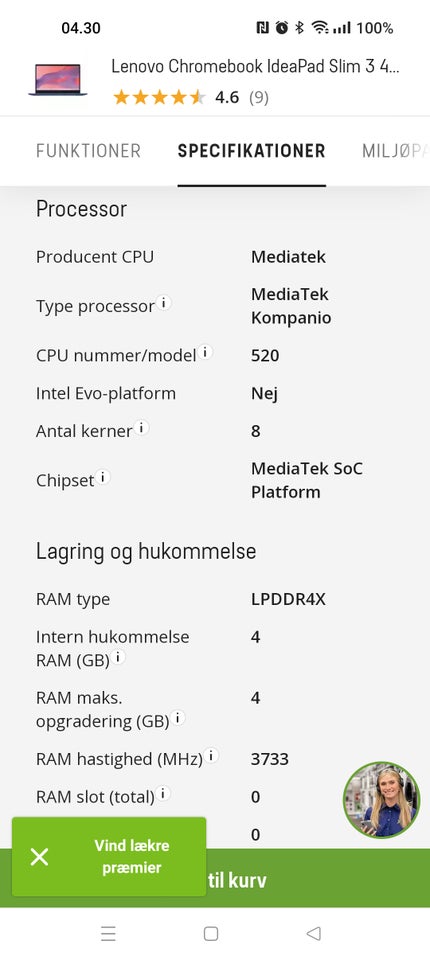 Lenovo Chromebook IdeaPad Slim 3, 4 GHz, 64 GB ram